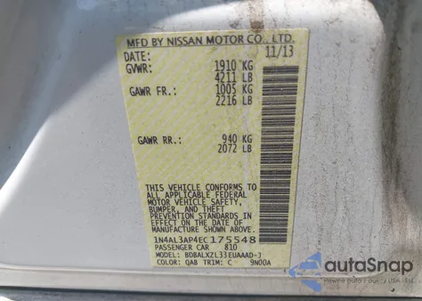 2014 Nissan Altima 2.5 Sl z USA, uszkodzony, nr VIN 1N4AL3AP4EC175548